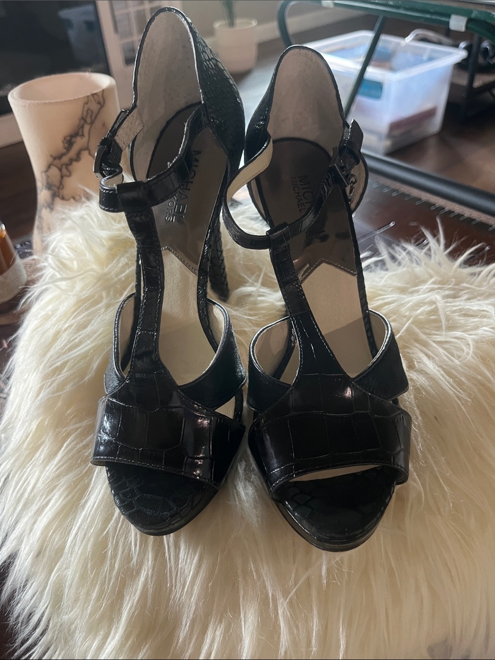 Gorgeous !! Michael Kors Black Croc-Embossed T-Strap Heels